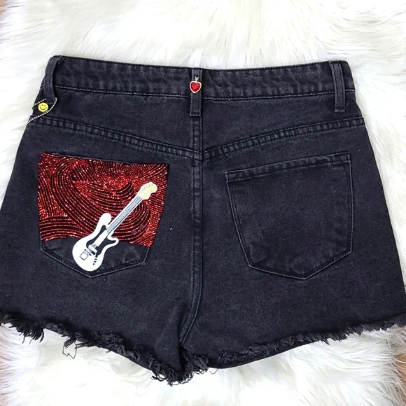 Shorts Size Small Black Denim Gray Red Embellished Upcycled Unique Handmade Fun - Picture 5 of 11